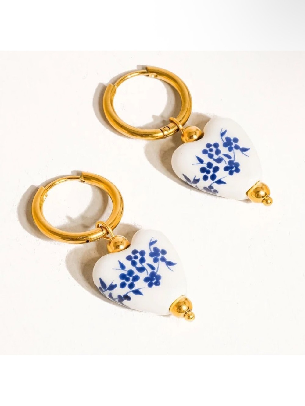 Gold Hoop Earrings with Blue Floral Porcelain Heart Charm A117